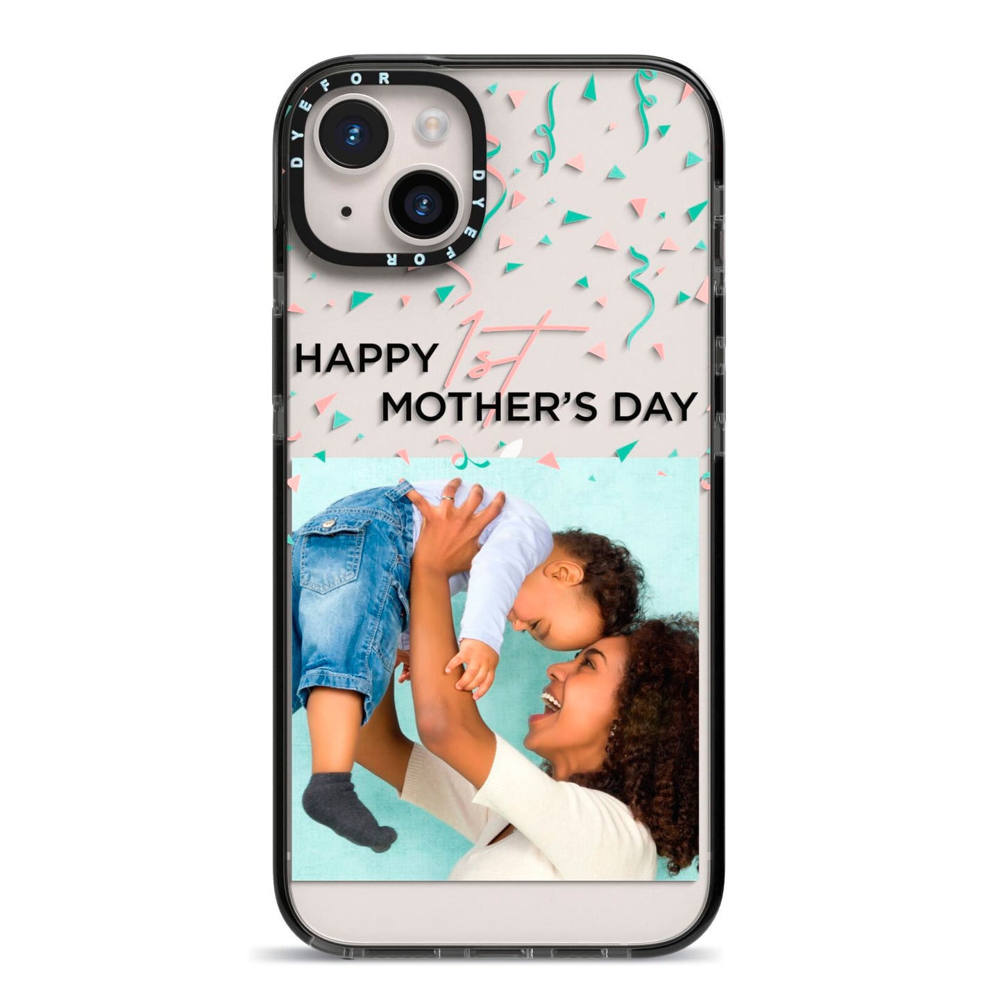 Personalised First Mothers Day iPhone 14 Plus Black Impact Case on Silver phone