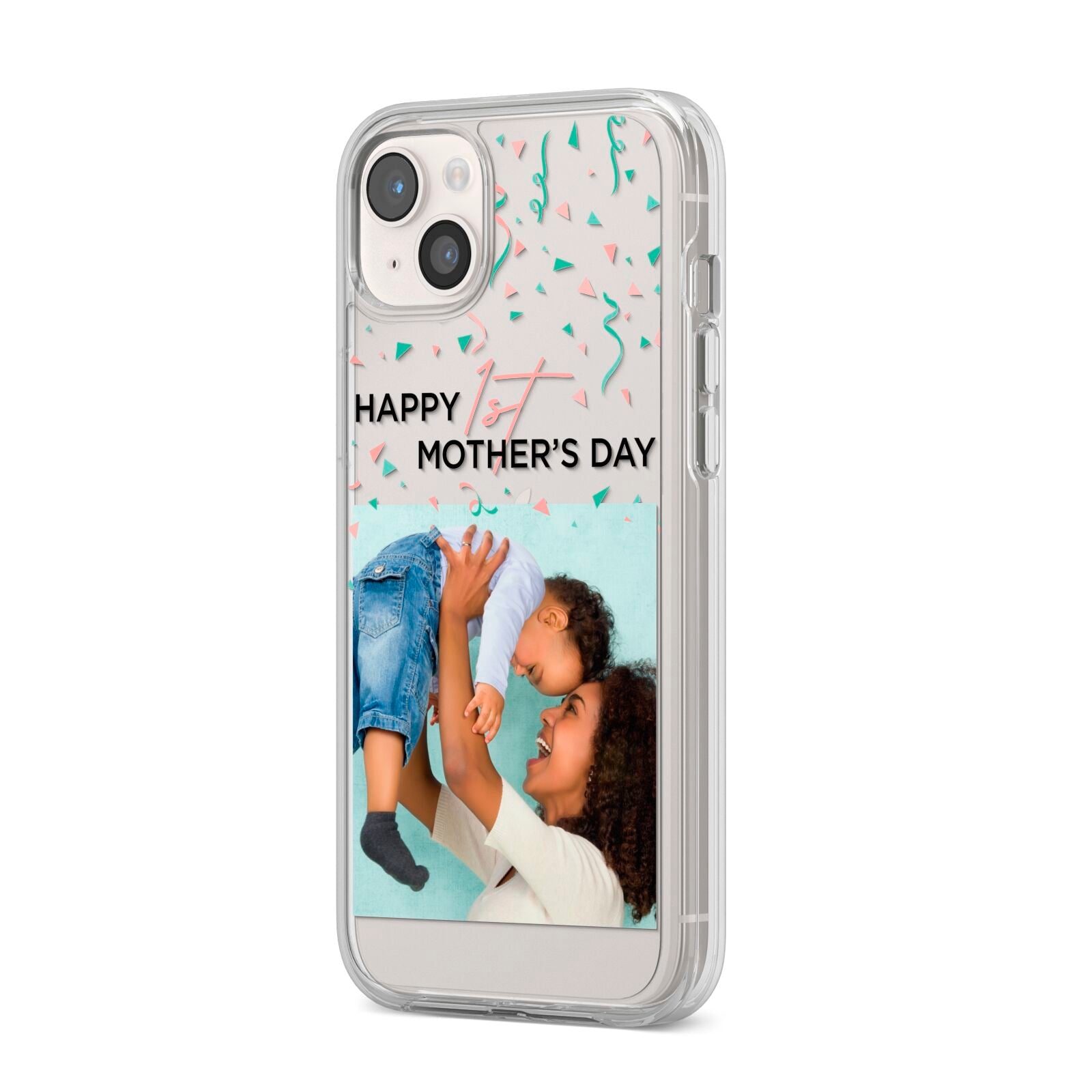Personalised First Mothers Day iPhone 14 Plus Clear Tough Case Starlight Angled Image