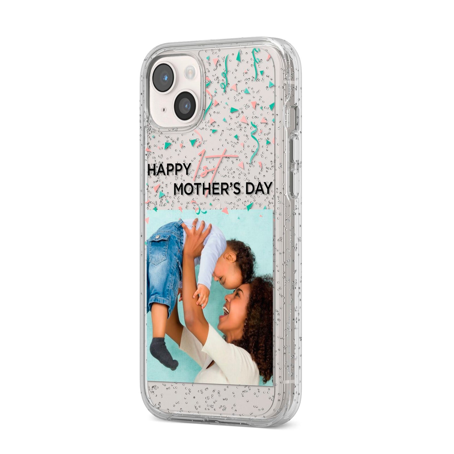 Personalised First Mothers Day iPhone 14 Plus Glitter Tough Case Starlight Angled Image