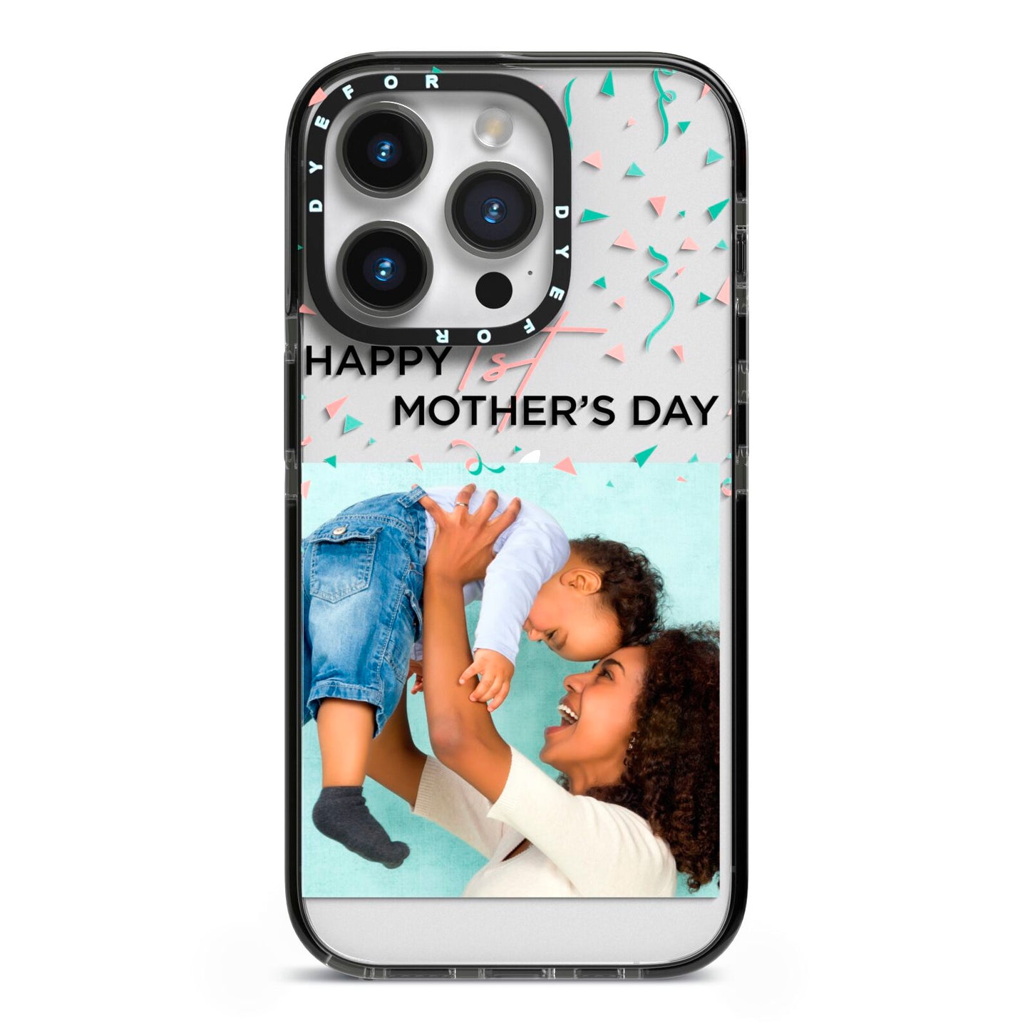 Personalised First Mothers Day iPhone 14 Pro Black Impact Case on Silver phone