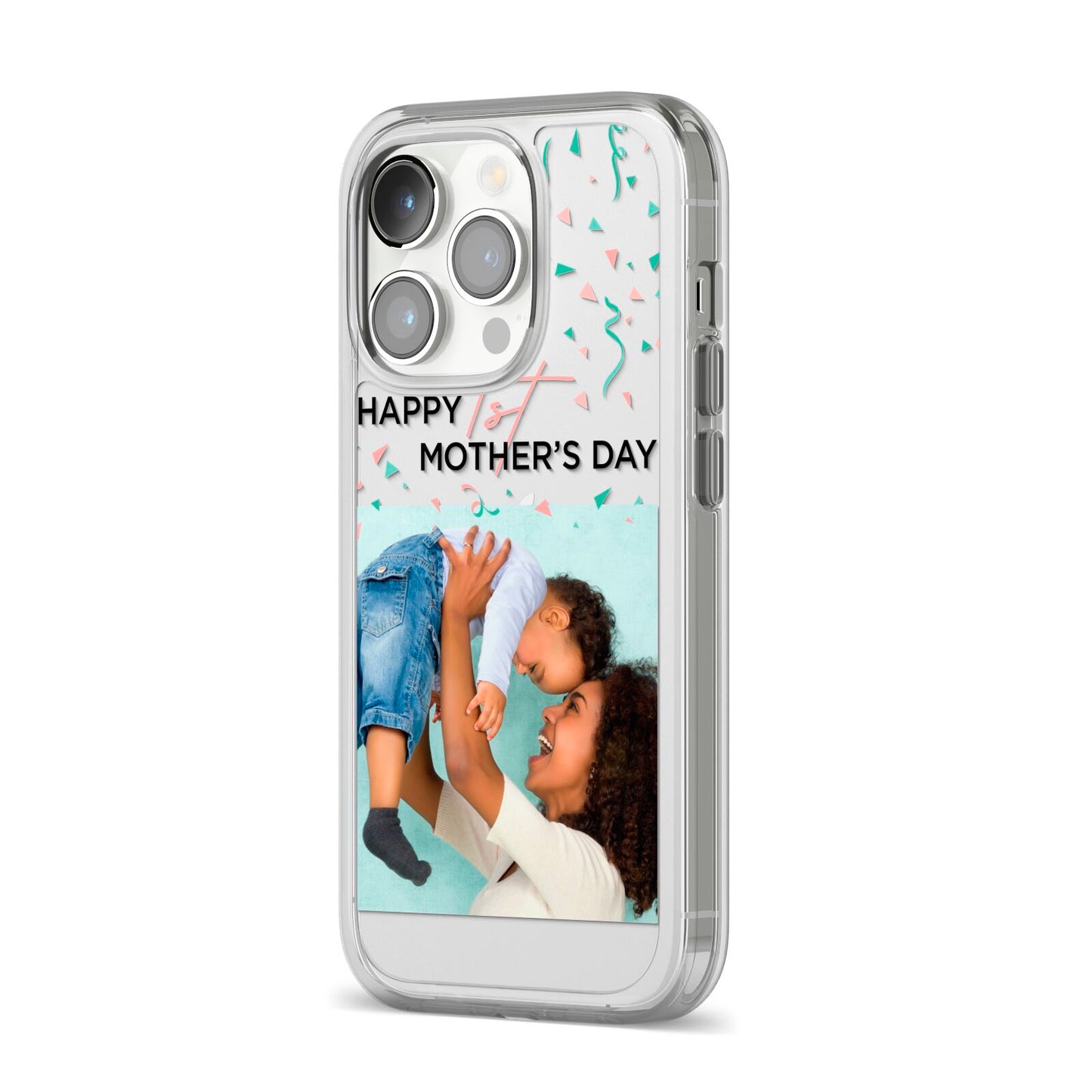 Personalised First Mothers Day iPhone 14 Pro Clear Tough Case Silver Angled Image