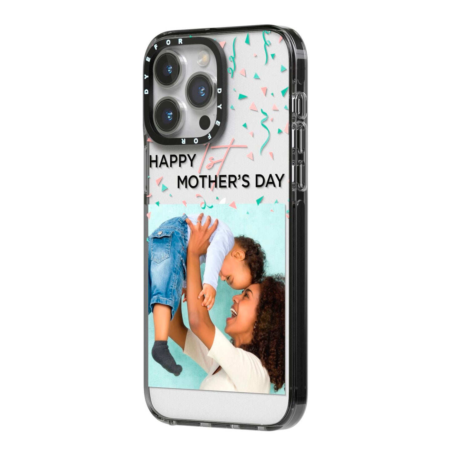 Personalised First Mothers Day iPhone 14 Pro Max Black Impact Case Side Angle on Silver phone