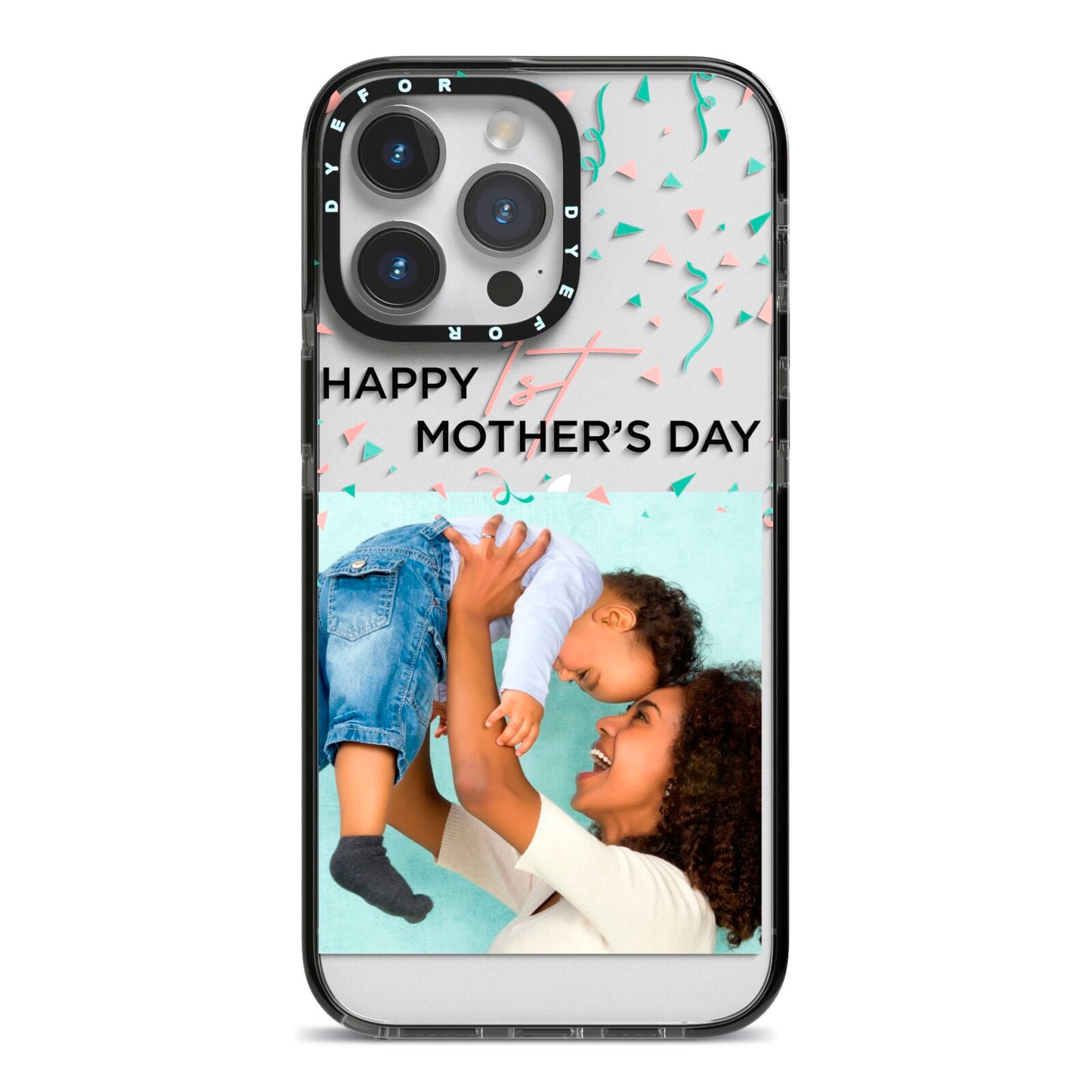Personalised First Mothers Day iPhone 14 Pro Max Black Impact Case on Silver phone