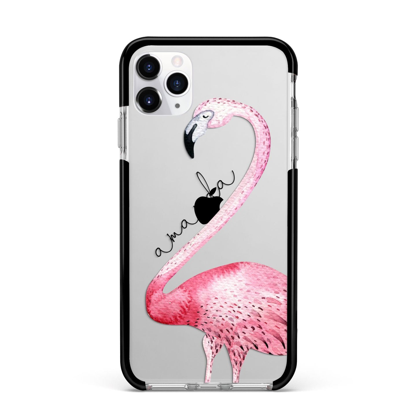 Personalised Flamingo Apple iPhone 11 Pro Max in Silver with Black Impact Case