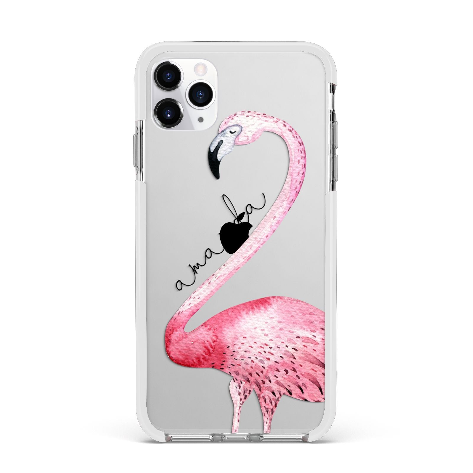 Personalised Flamingo Apple iPhone 11 Pro Max in Silver with White Impact Case