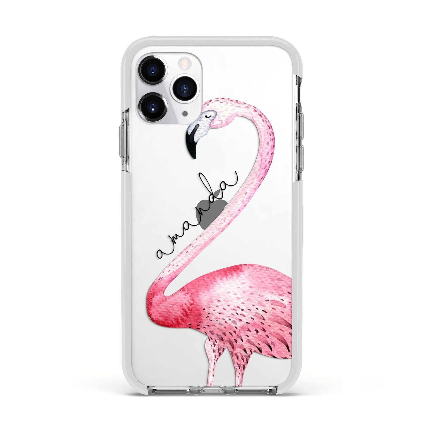 Personalised Flamingo Apple iPhone 11 Pro in Silver with White Impact Case