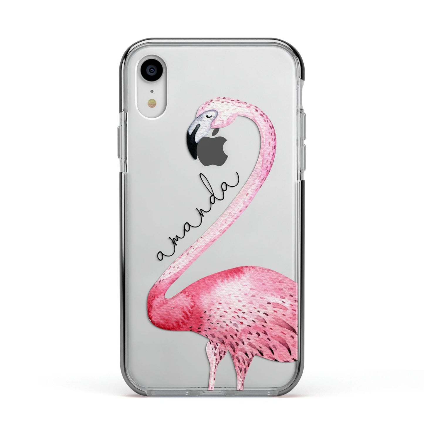 Personalised Flamingo Apple iPhone XR Impact Case Black Edge on Silver Phone