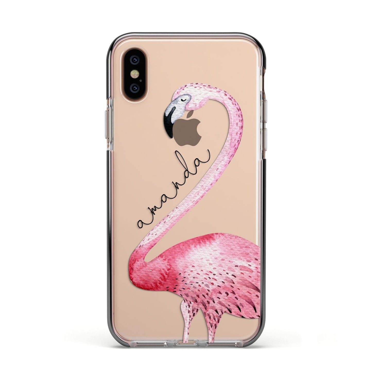 Personalised Flamingo Apple iPhone Xs Impact Case Black Edge on Gold Phone