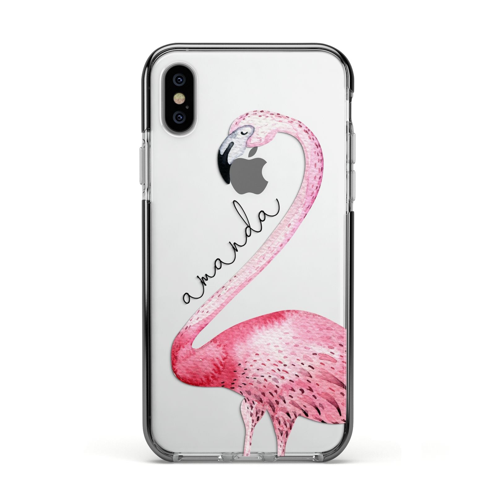 Personalised Flamingo Apple iPhone Xs Impact Case Black Edge on Silver Phone