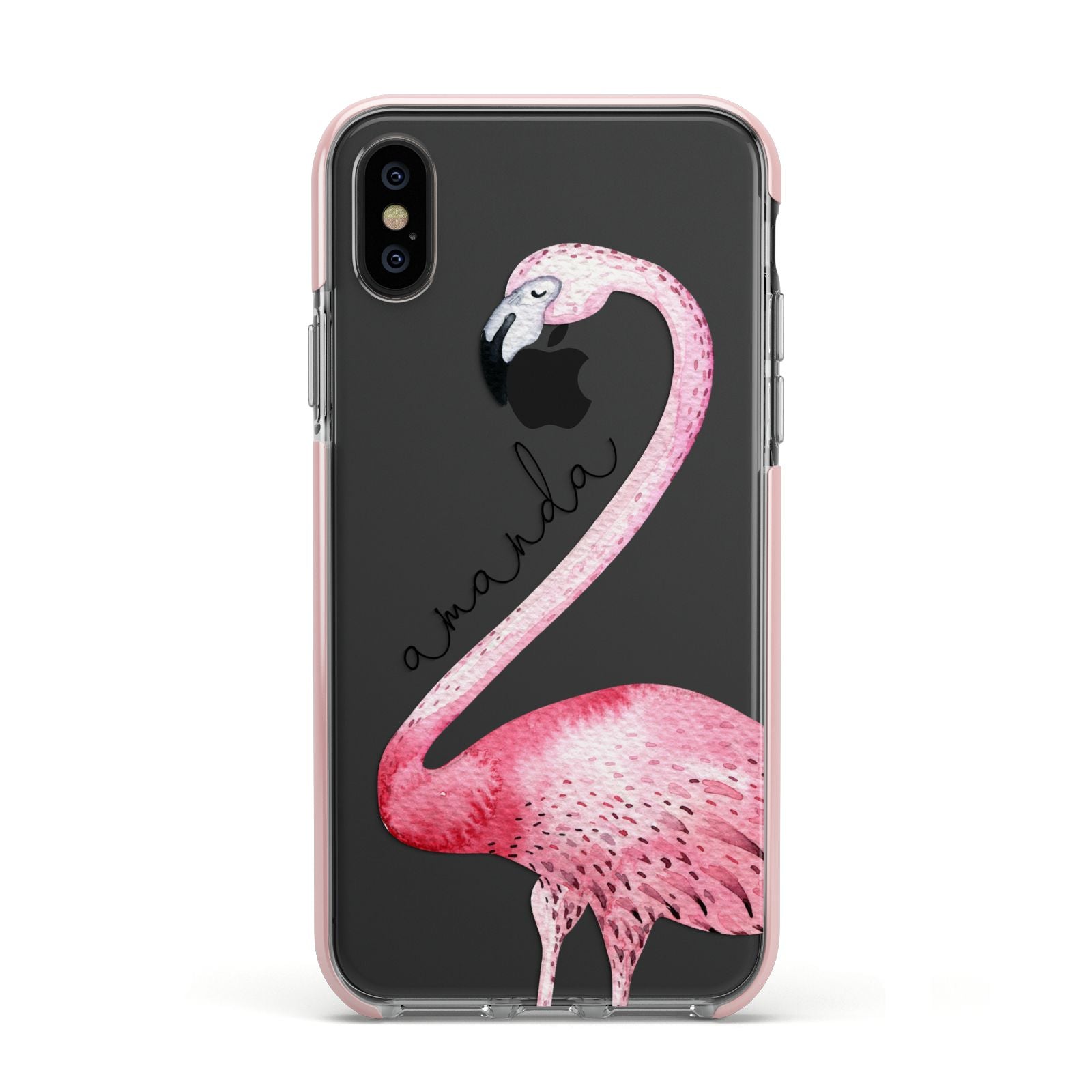 Personalised Flamingo Apple iPhone Xs Impact Case Pink Edge on Black Phone