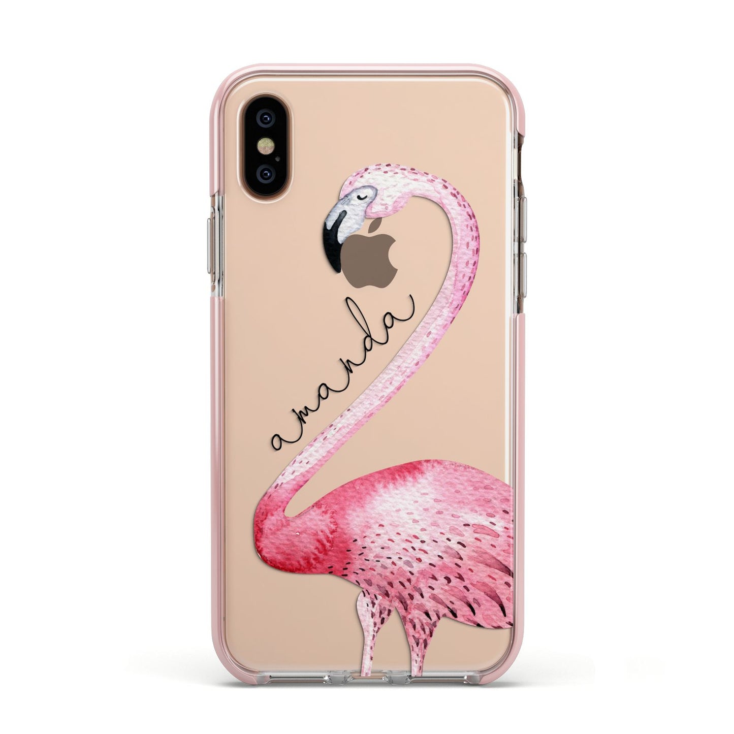 Personalised Flamingo Apple iPhone Xs Impact Case Pink Edge on Gold Phone