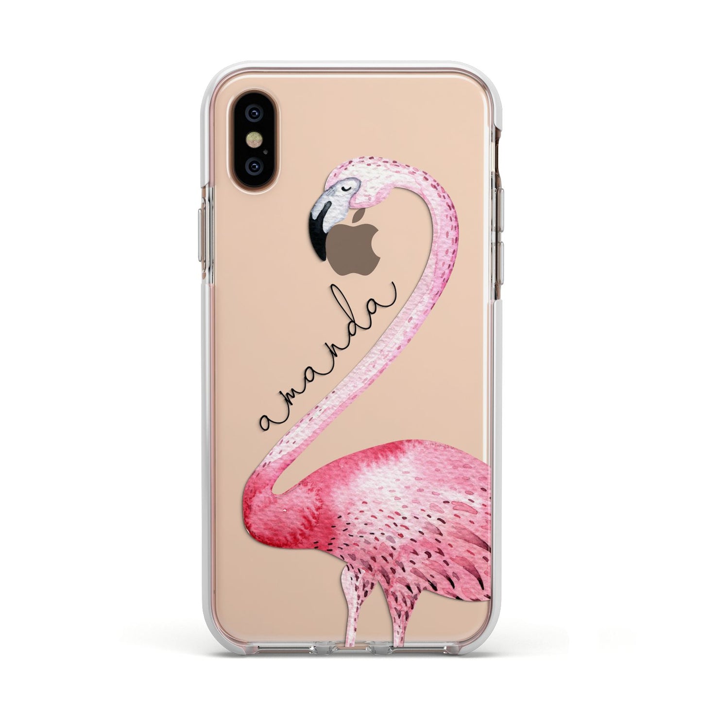 Personalised Flamingo Apple iPhone Xs Impact Case White Edge on Gold Phone