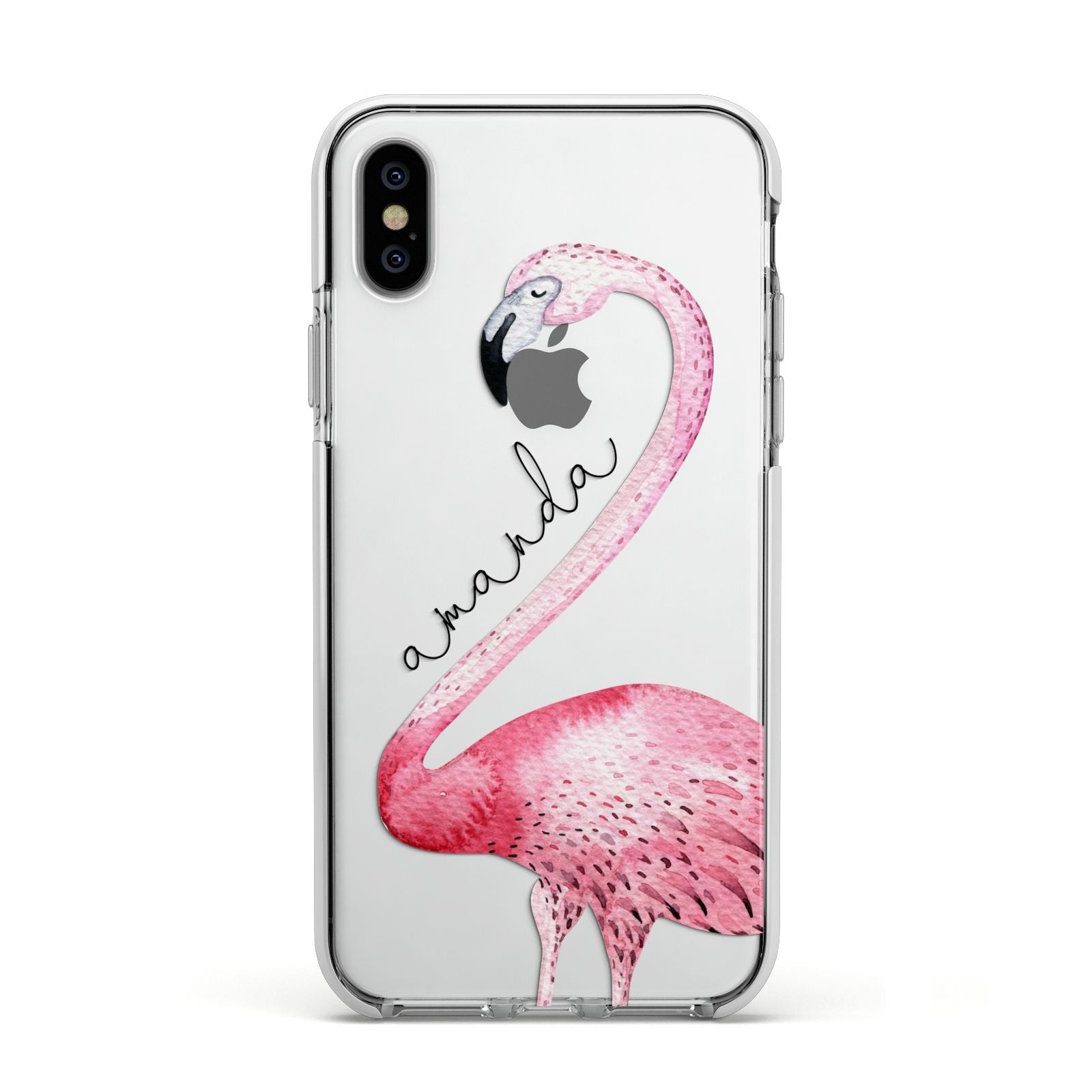 Personalised Flamingo Apple iPhone Xs Impact Case White Edge on Silver Phone