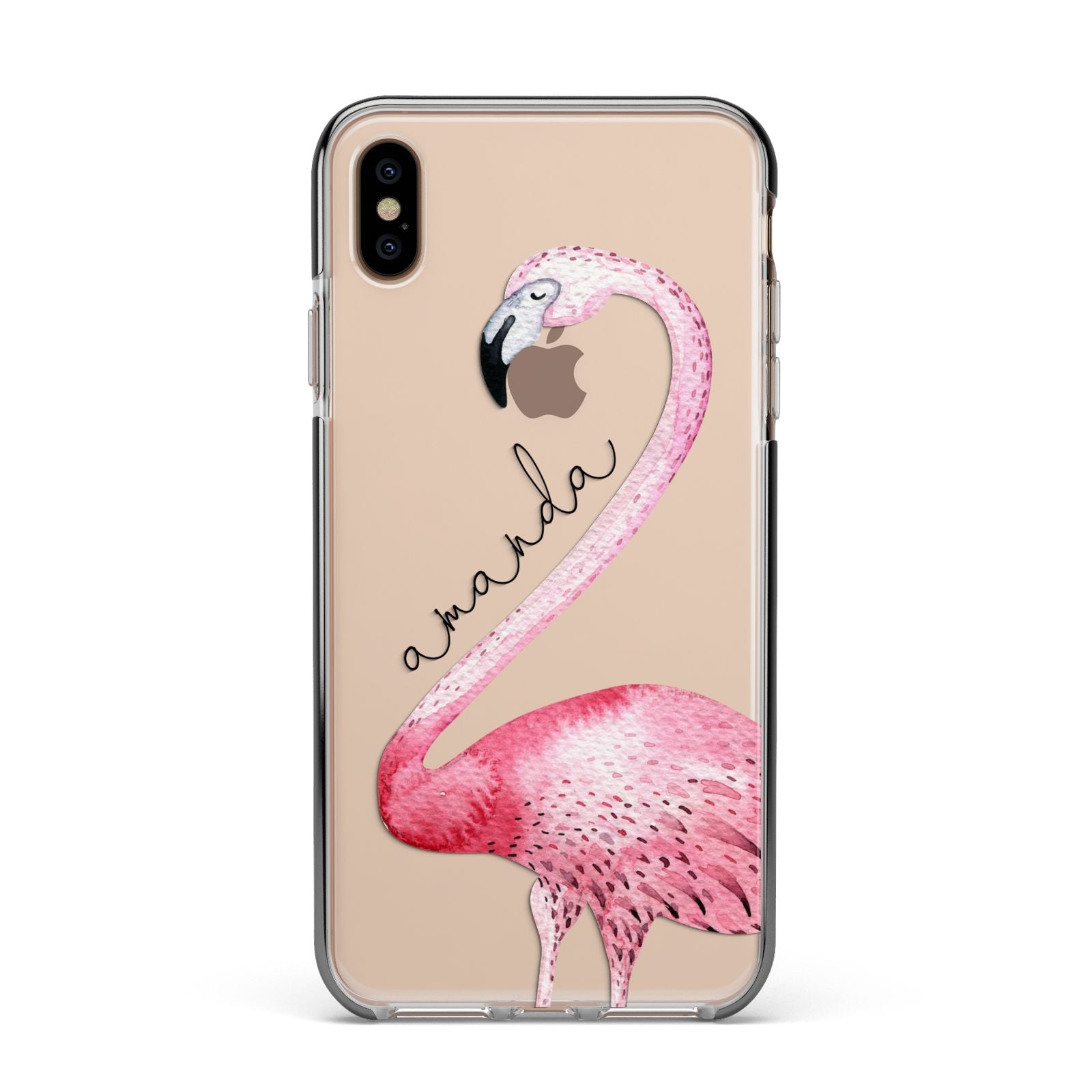 Personalised Flamingo Apple iPhone Xs Max Impact Case Black Edge on Gold Phone