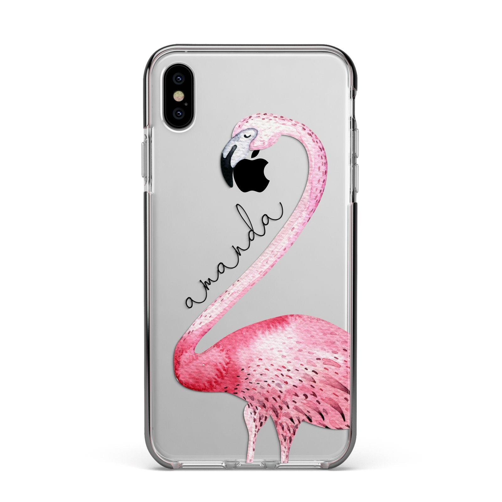 Personalised Flamingo Apple iPhone Xs Max Impact Case Black Edge on Silver Phone