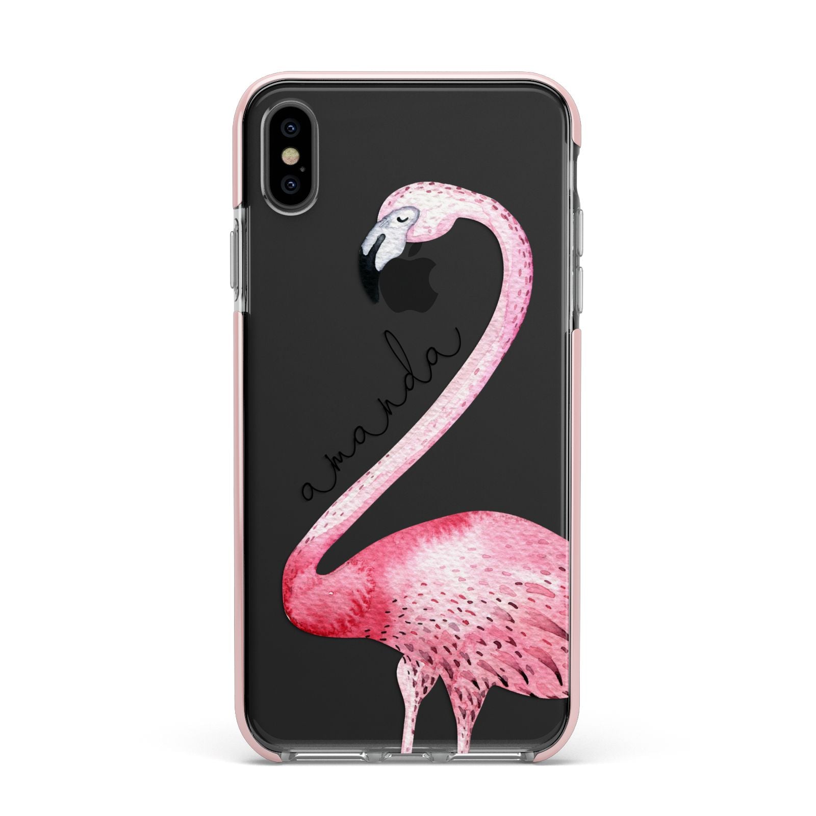 Personalised Flamingo Apple iPhone Xs Max Impact Case Pink Edge on Black Phone