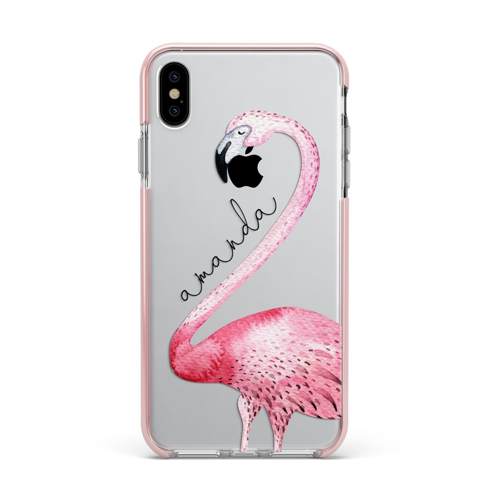 Personalised Flamingo Apple iPhone Xs Max Impact Case Pink Edge on Silver Phone