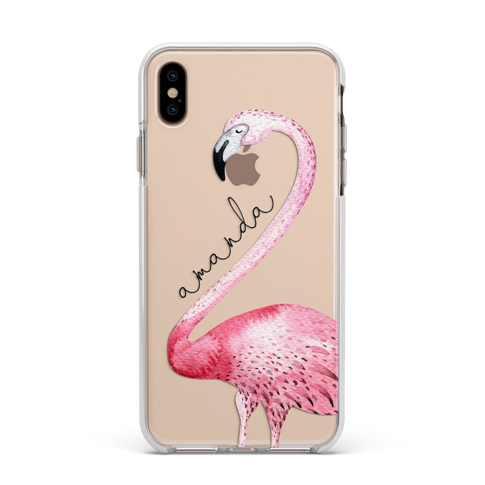 Personalised Flamingo Apple iPhone Xs Max Impact Case White Edge on Gold Phone
