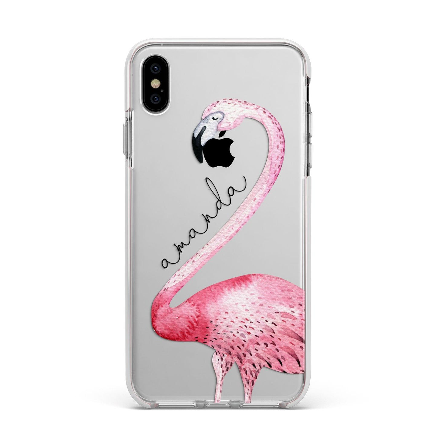 Personalised Flamingo Apple iPhone Xs Max Impact Case White Edge on Silver Phone