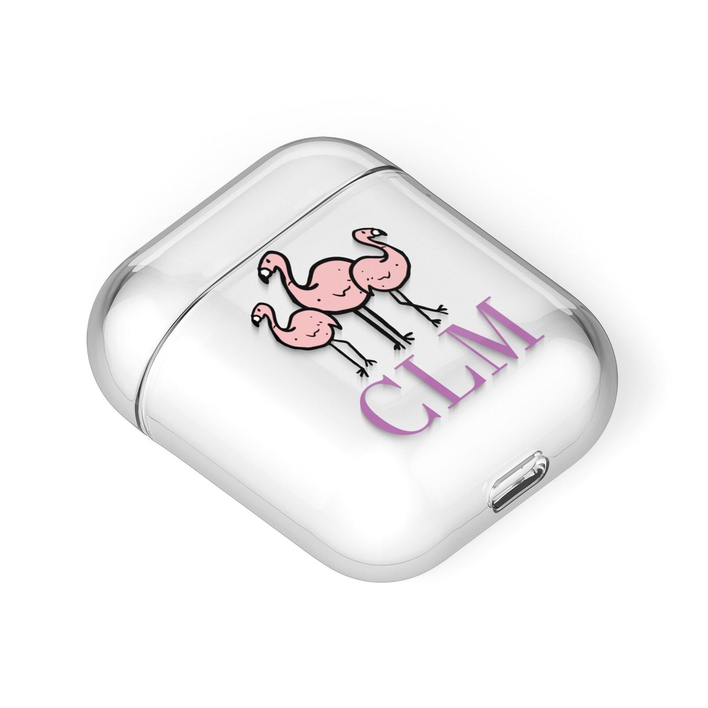 Personalised Flamingo Initials Clear AirPods Case Laid Flat
