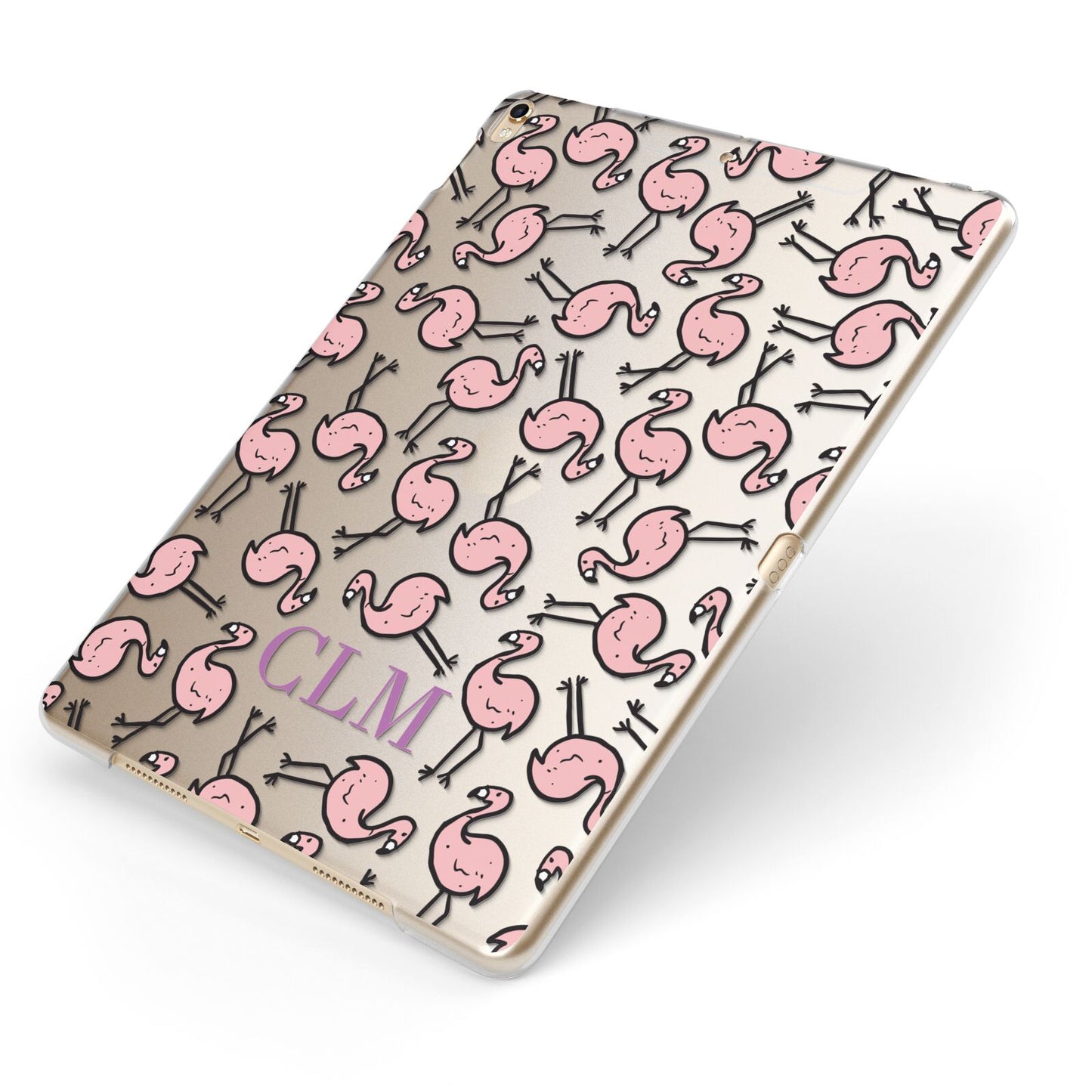 Personalised Flamingo Initials Clear Apple iPad Case on Gold iPad Side View