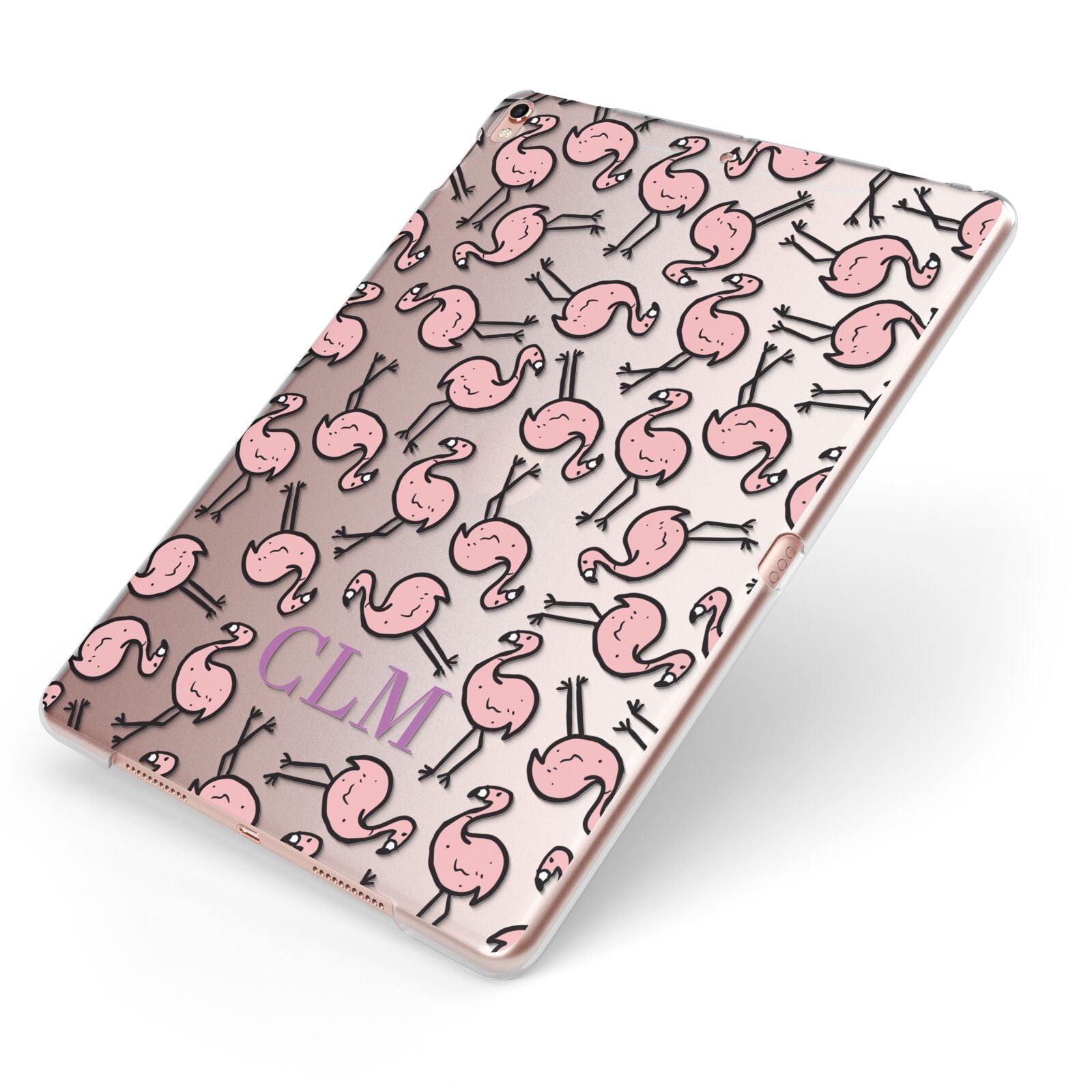 Personalised Flamingo Initials Clear Apple iPad Case on Rose Gold iPad Side View