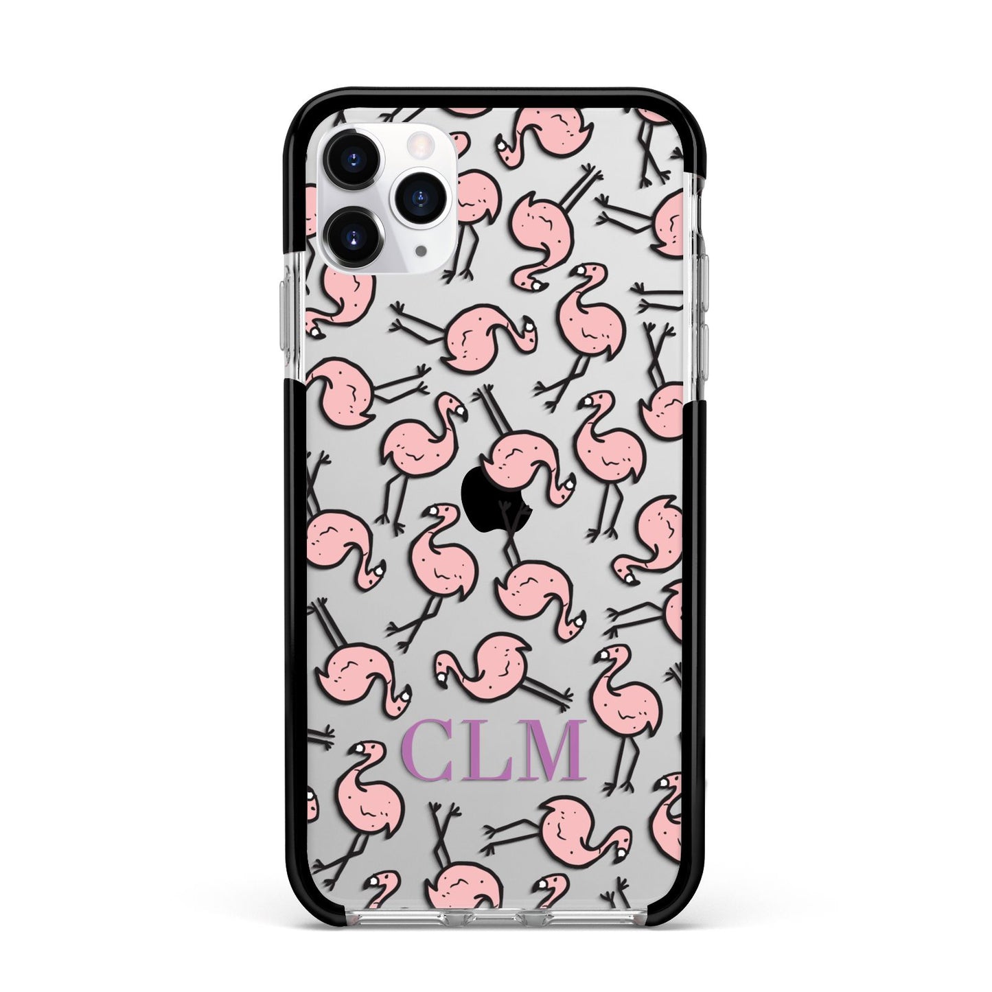 Personalised Flamingo Initials Clear Apple iPhone 11 Pro Max in Silver with Black Impact Case