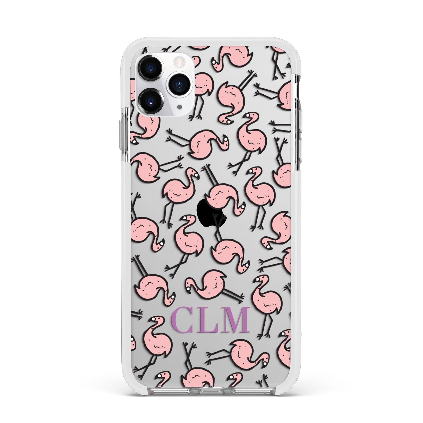 Personalised Flamingo Initials Clear Apple iPhone 11 Pro Max in Silver with White Impact Case