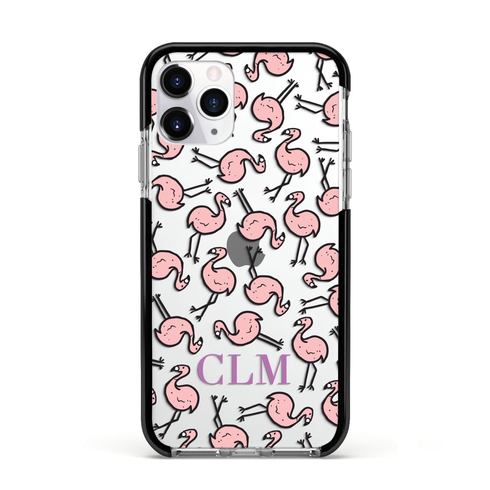 Personalised Flamingo Initials Clear Apple iPhone 11 Pro in Silver with Black Impact Case