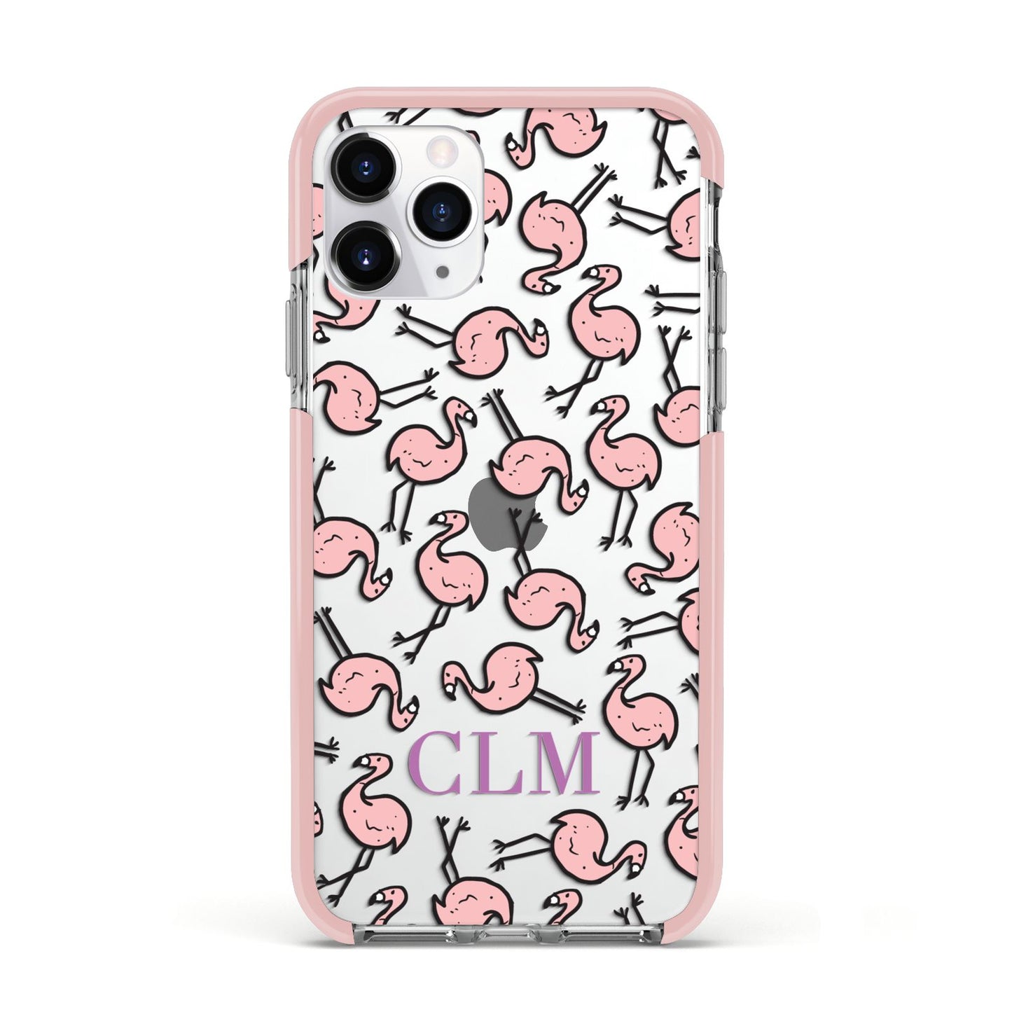 Personalised Flamingo Initials Clear Apple iPhone 11 Pro in Silver with Pink Impact Case