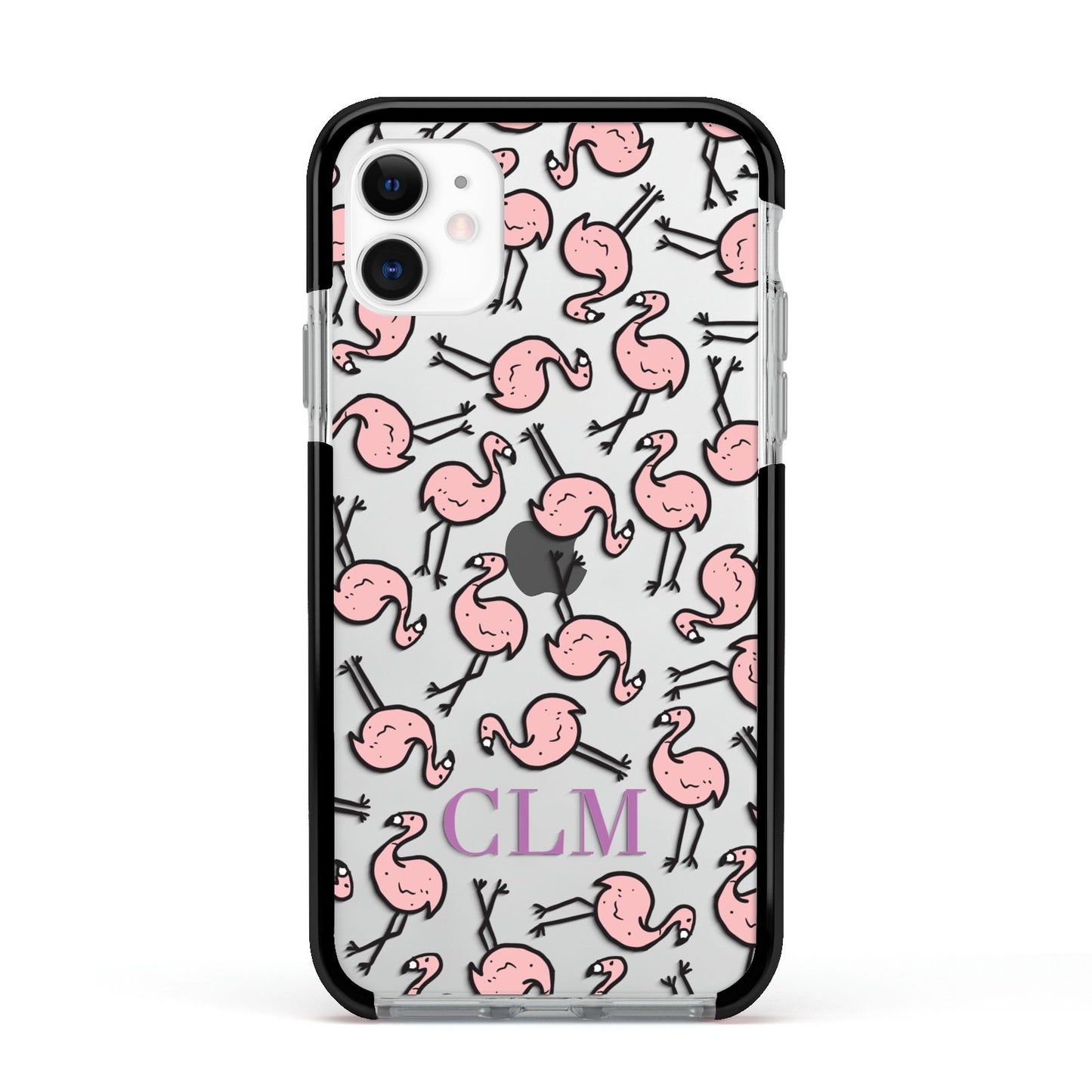 Personalised Flamingo Initials Clear Apple iPhone 11 in White with Black Impact Case
