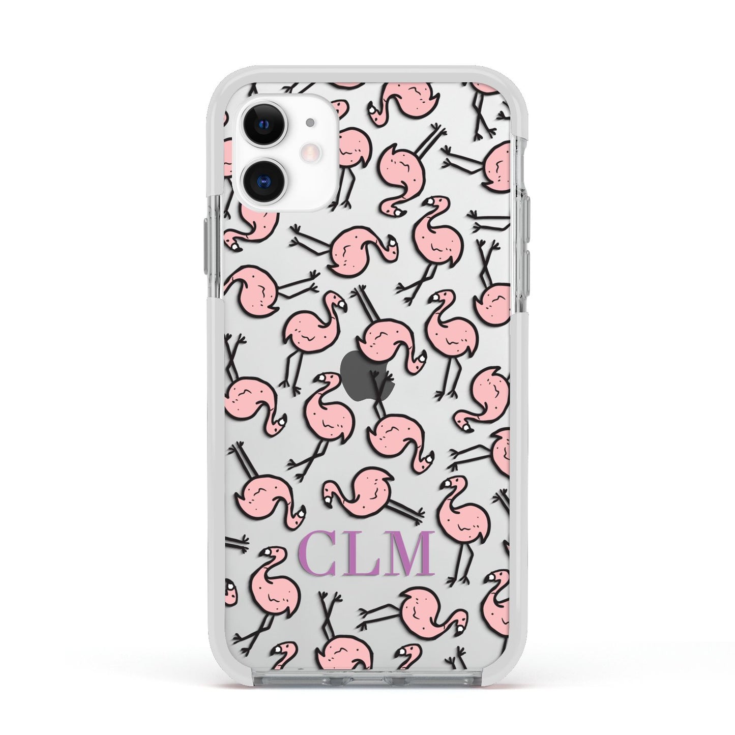 Personalised Flamingo Initials Clear Apple iPhone 11 in White with White Impact Case