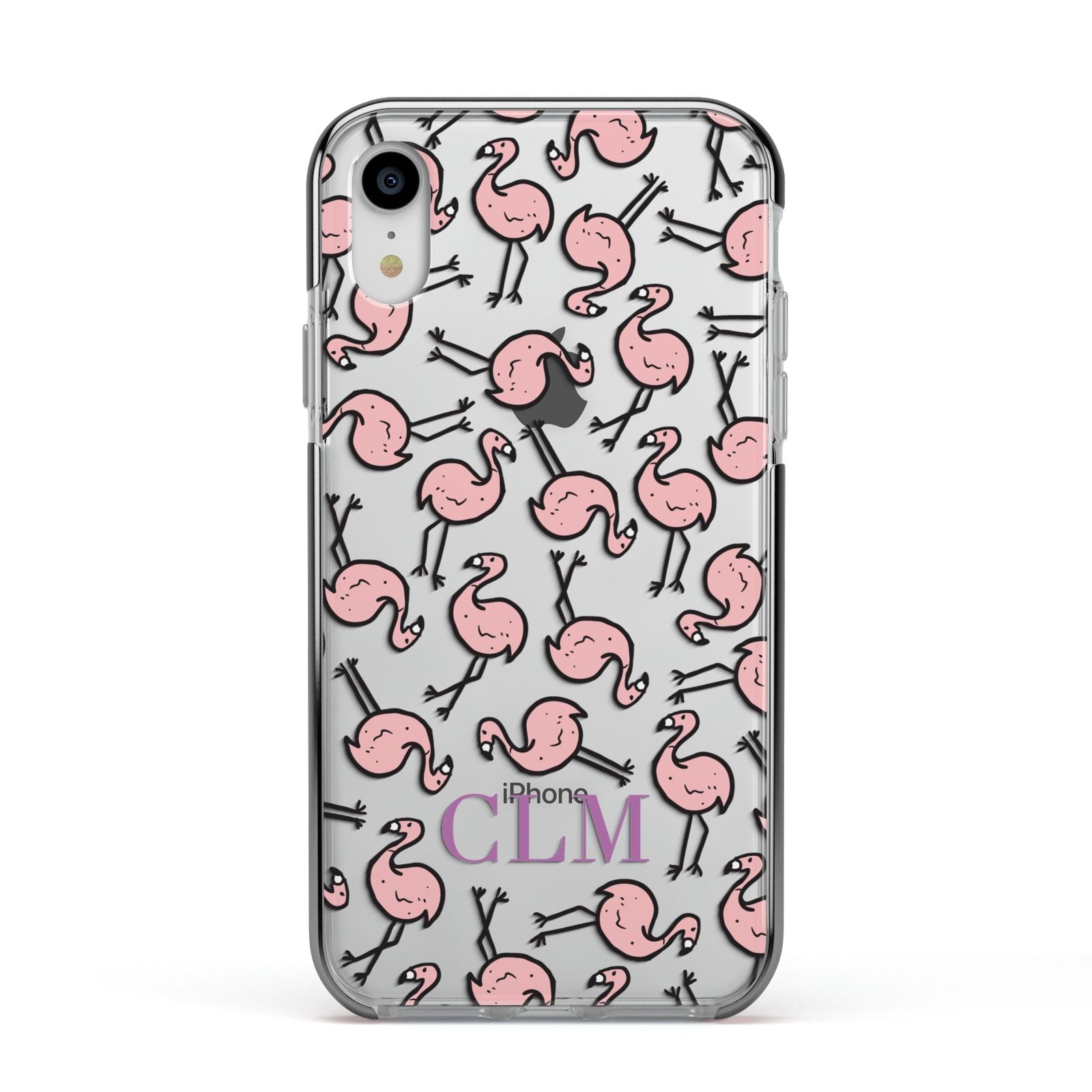 Personalised Flamingo Initials Clear Apple iPhone XR Impact Case Black Edge on Silver Phone