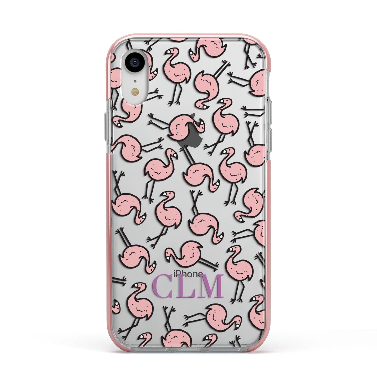 Personalised Flamingo Initials Clear Apple iPhone XR Impact Case Pink Edge on Silver Phone