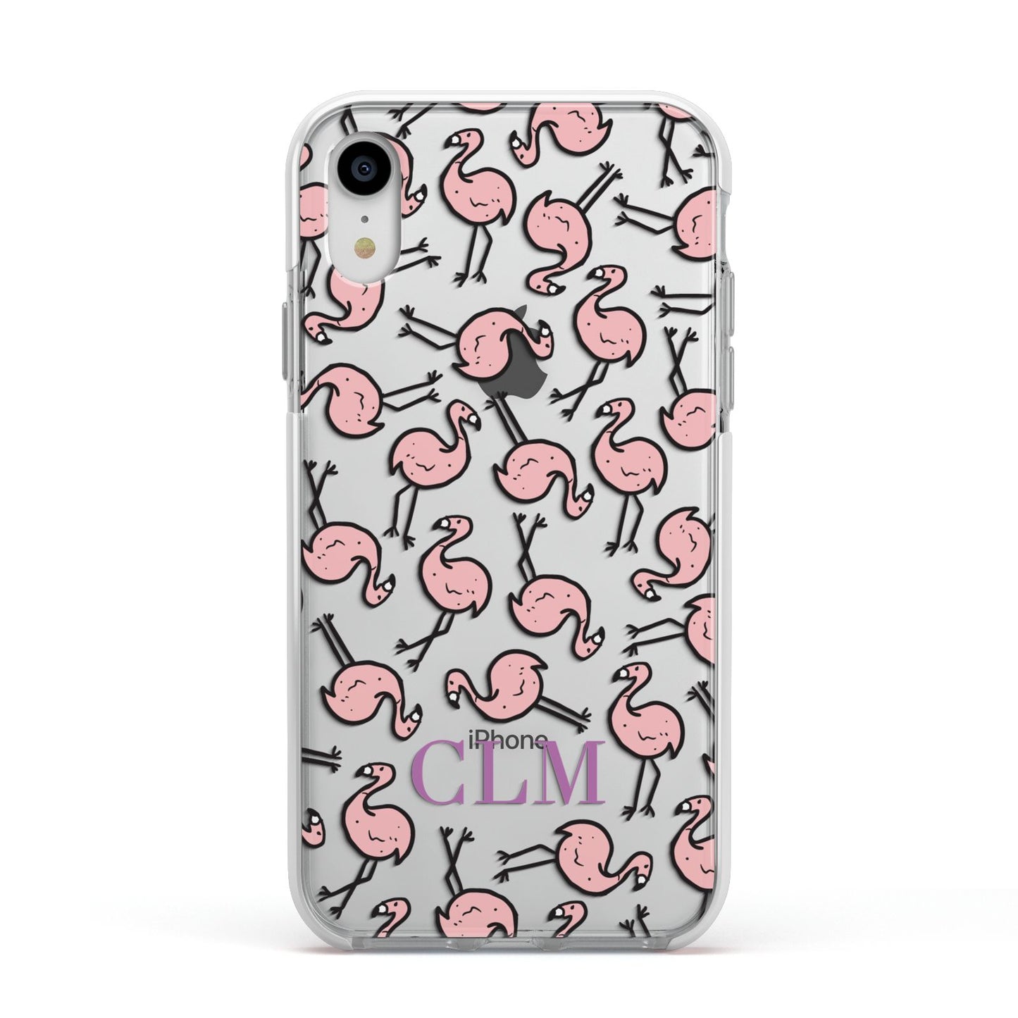 Personalised Flamingo Initials Clear Apple iPhone XR Impact Case White Edge on Silver Phone