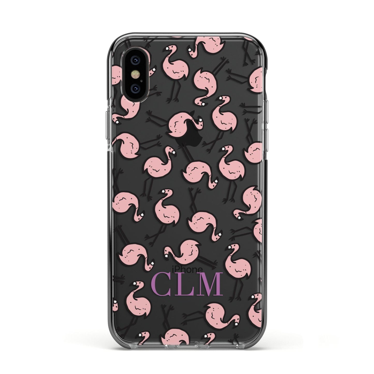 Personalised Flamingo Initials Clear Apple iPhone Xs Impact Case Black Edge on Black Phone