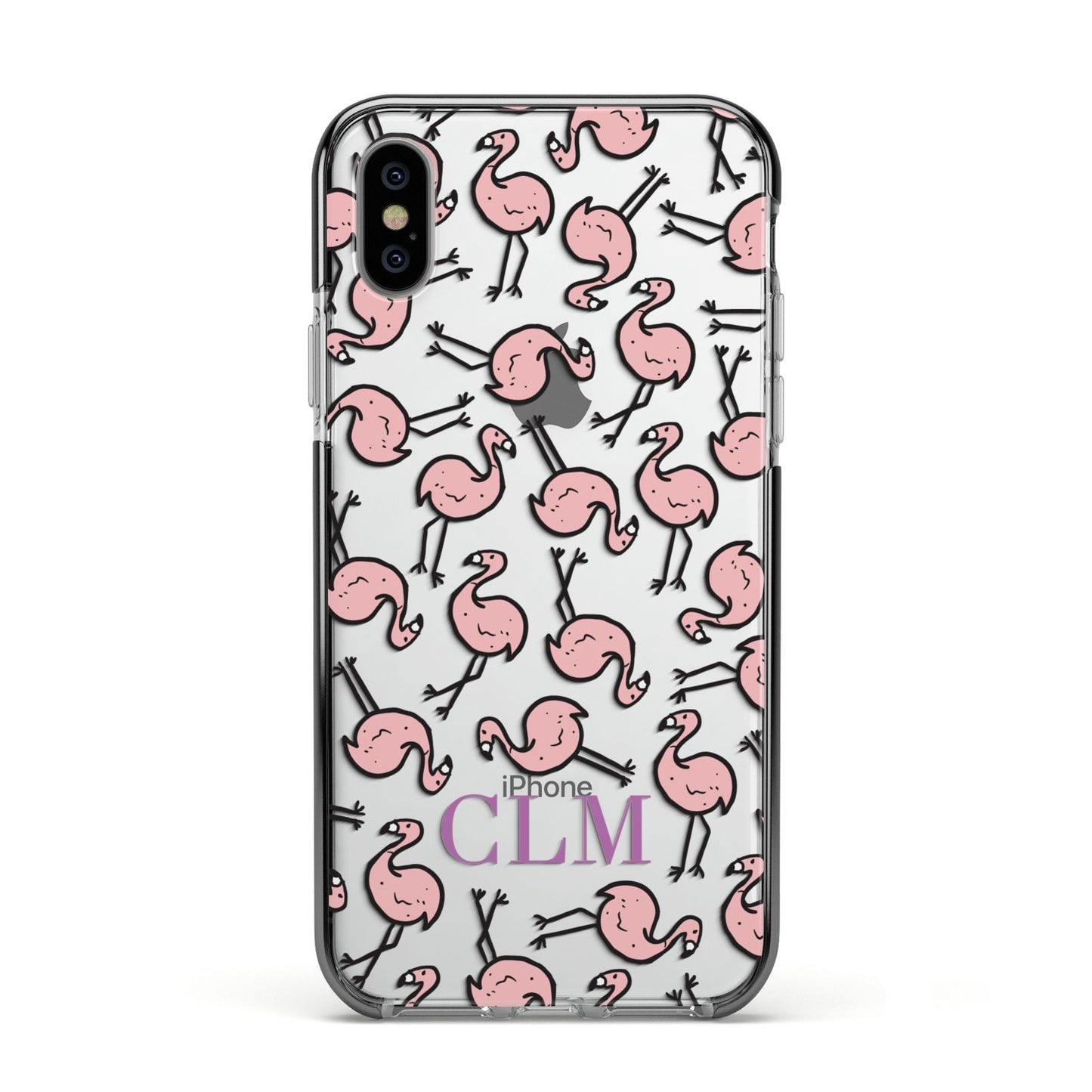 Personalised Flamingo Initials Clear Apple iPhone Xs Impact Case Black Edge on Silver Phone