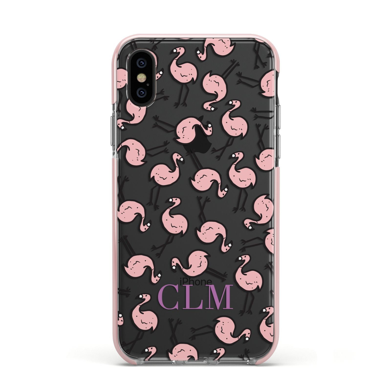 Personalised Flamingo Initials Clear Apple iPhone Xs Impact Case Pink Edge on Black Phone