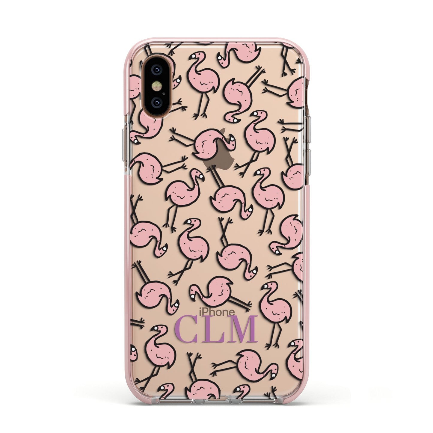 Personalised Flamingo Initials Clear Apple iPhone Xs Impact Case Pink Edge on Gold Phone