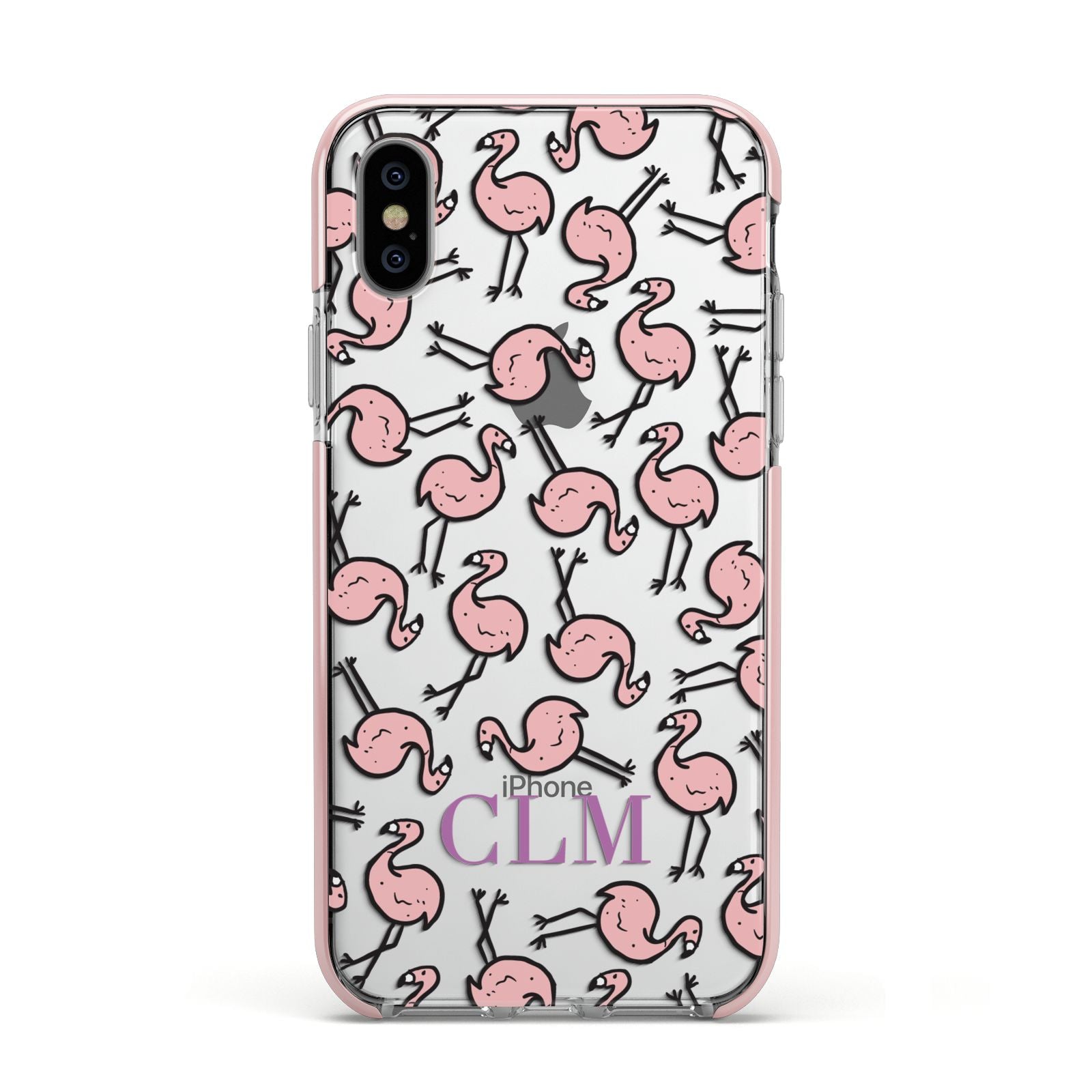 Personalised Flamingo Initials Clear Apple iPhone Xs Impact Case Pink Edge on Silver Phone