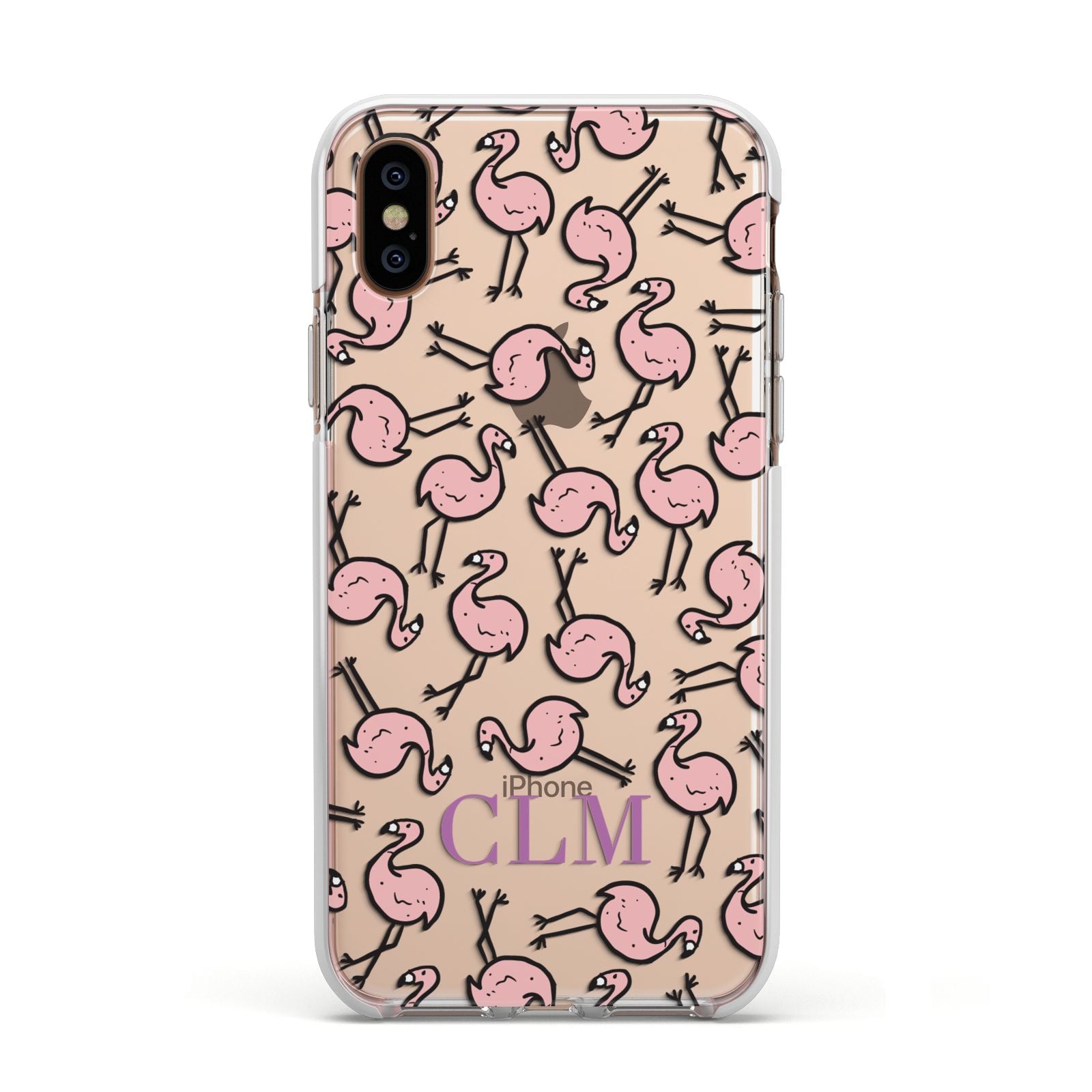 Personalised Flamingo Initials Clear Apple iPhone Xs Impact Case White Edge on Gold Phone