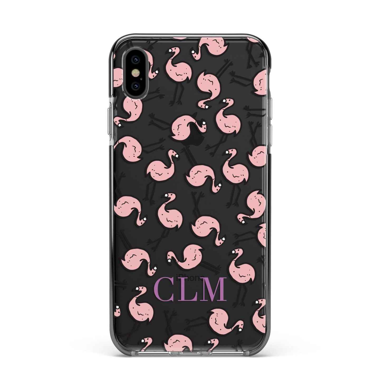 Personalised Flamingo Initials Clear Apple iPhone Xs Max Impact Case Black Edge on Black Phone