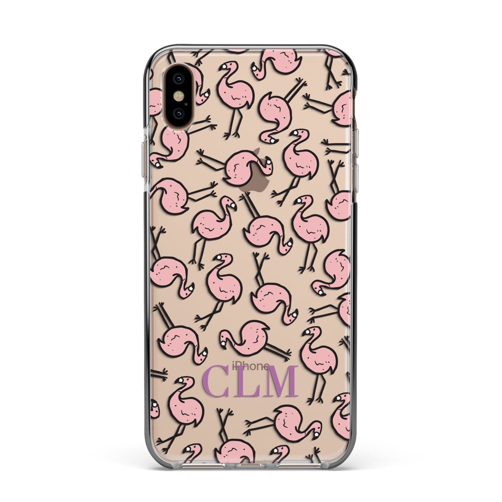 Personalised Flamingo Initials Clear Apple iPhone Xs Max Impact Case Black Edge on Gold Phone