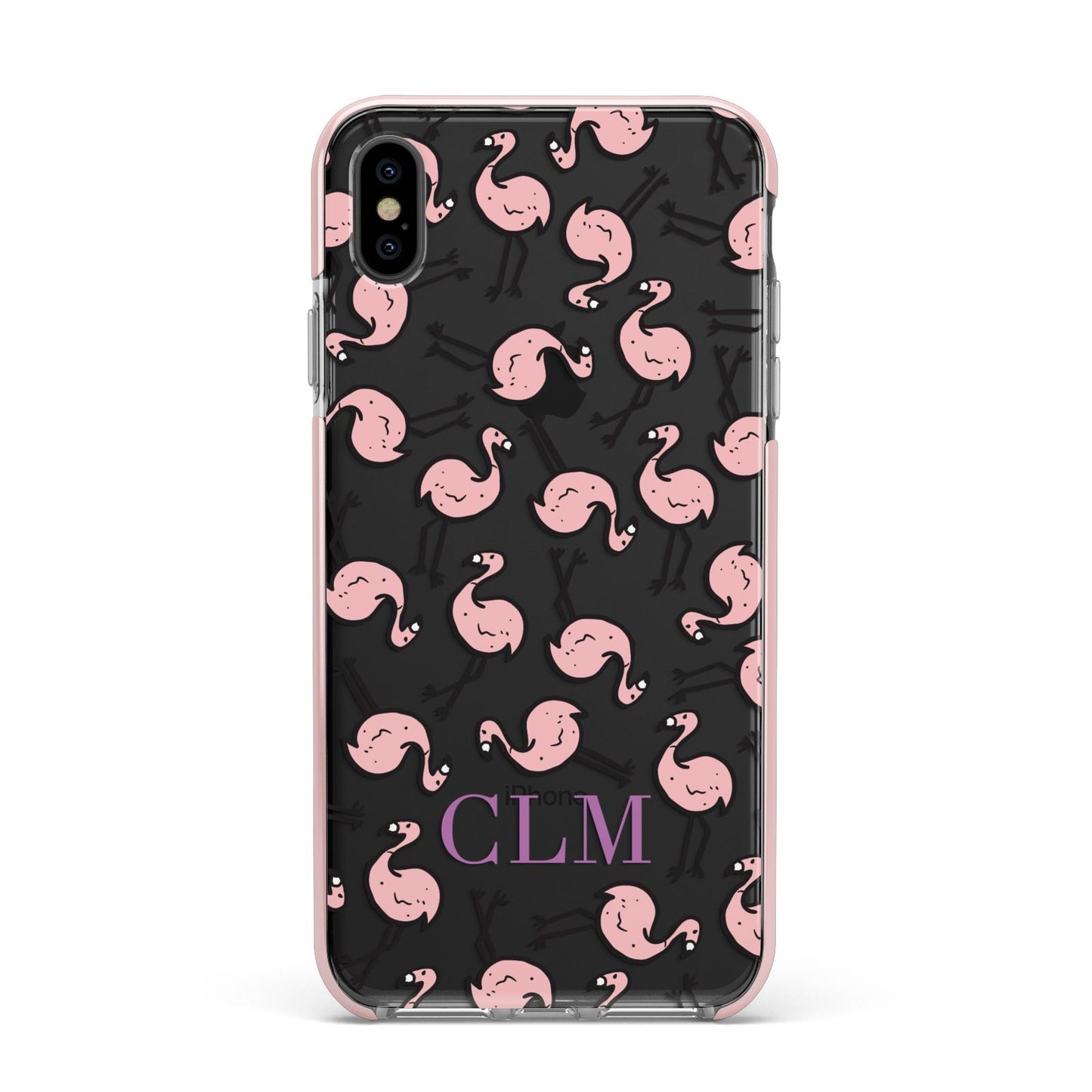Personalised Flamingo Initials Clear Apple iPhone Xs Max Impact Case Pink Edge on Black Phone