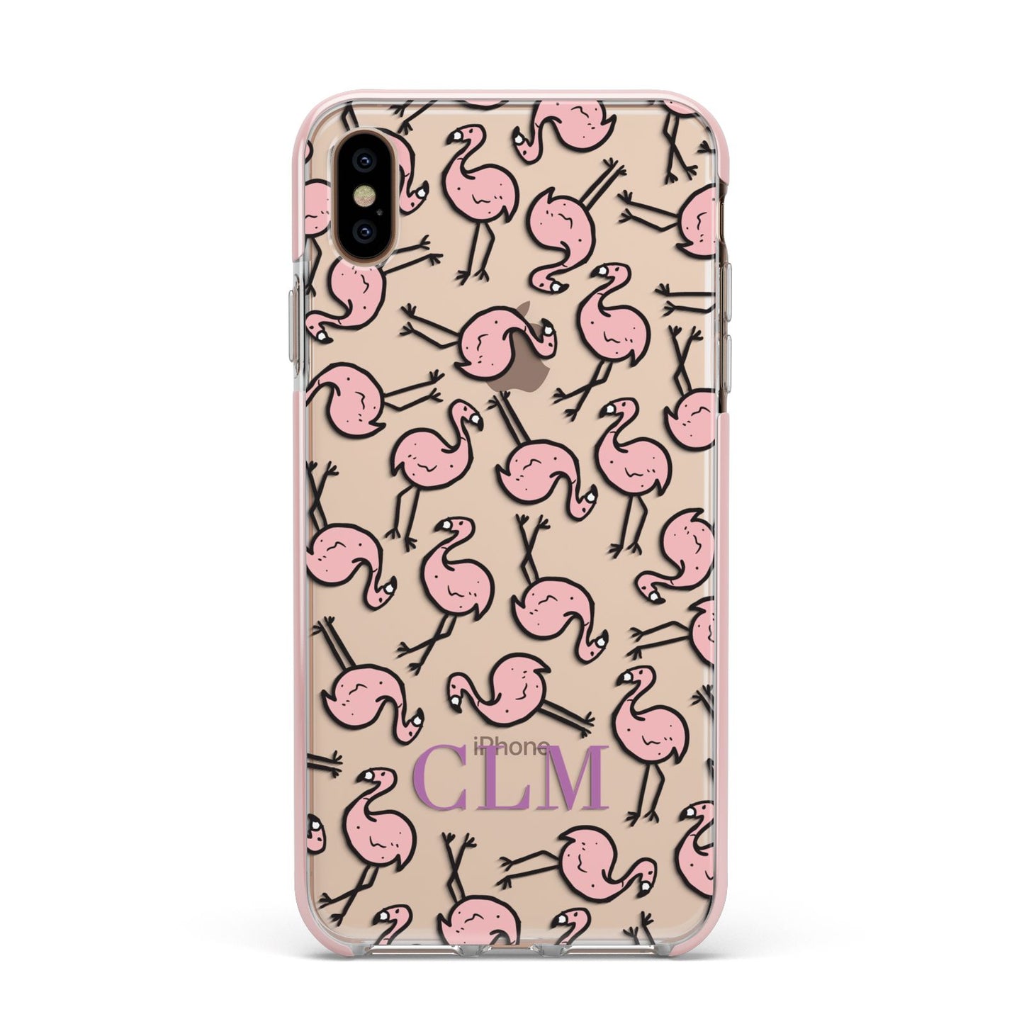 Personalised Flamingo Initials Clear Apple iPhone Xs Max Impact Case Pink Edge on Gold Phone