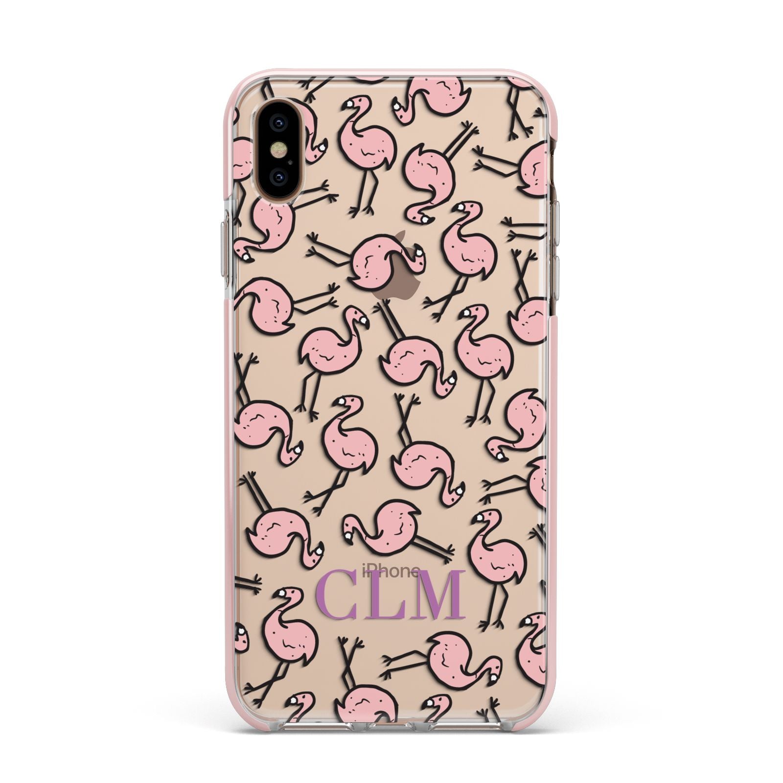 Personalised Flamingo Initials Clear Apple iPhone Xs Max Impact Case Pink Edge on Gold Phone