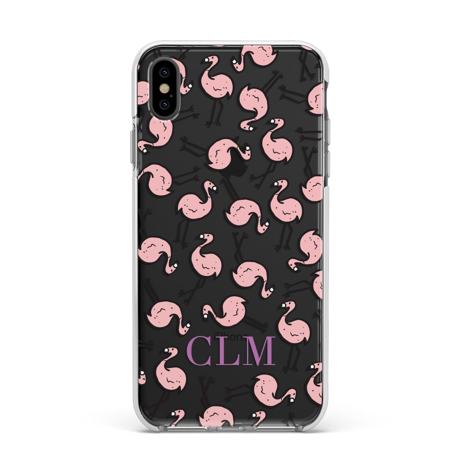 Personalised Flamingo Initials Clear Apple iPhone Xs Max Impact Case White Edge on Black Phone