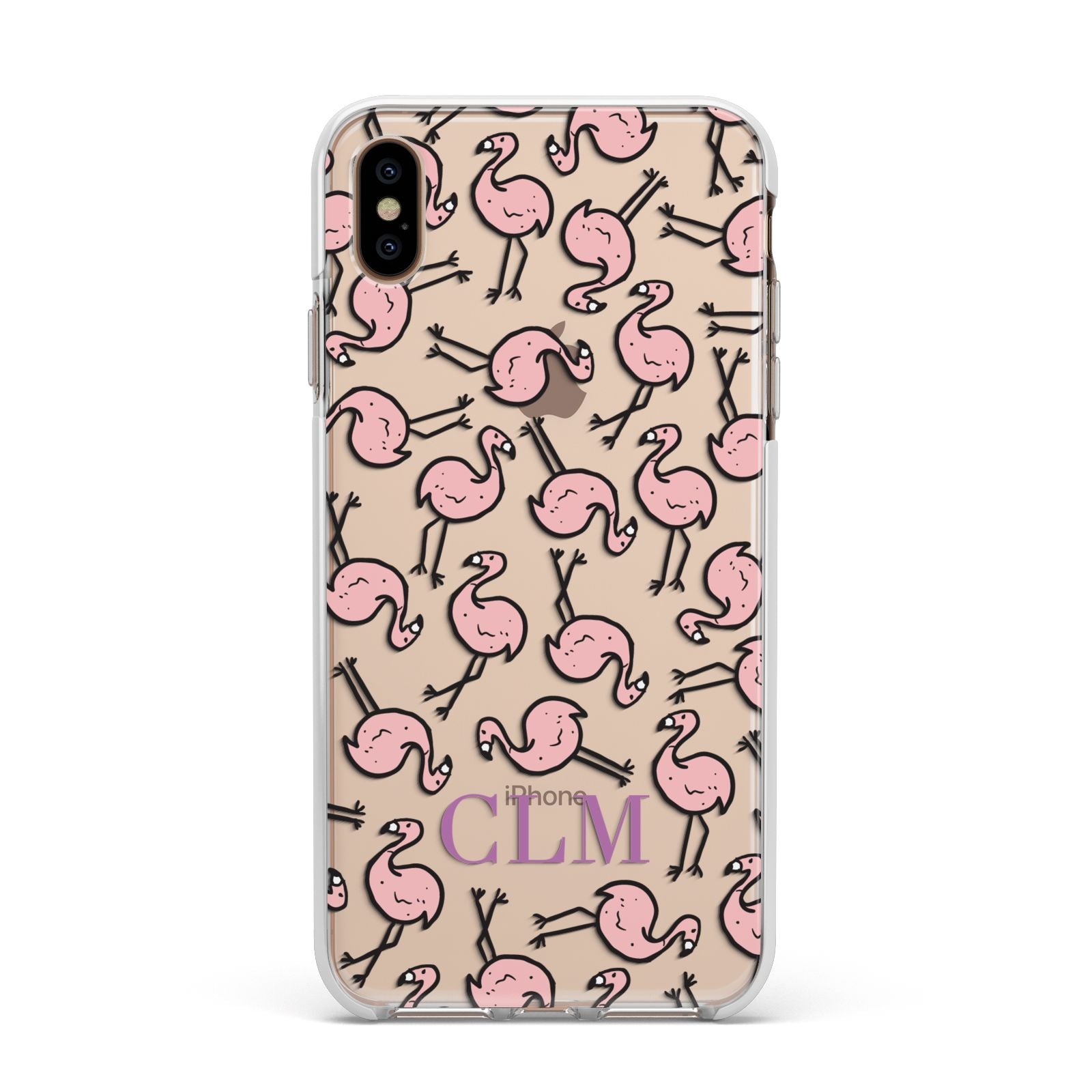 Personalised Flamingo Initials Clear Apple iPhone Xs Max Impact Case White Edge on Gold Phone