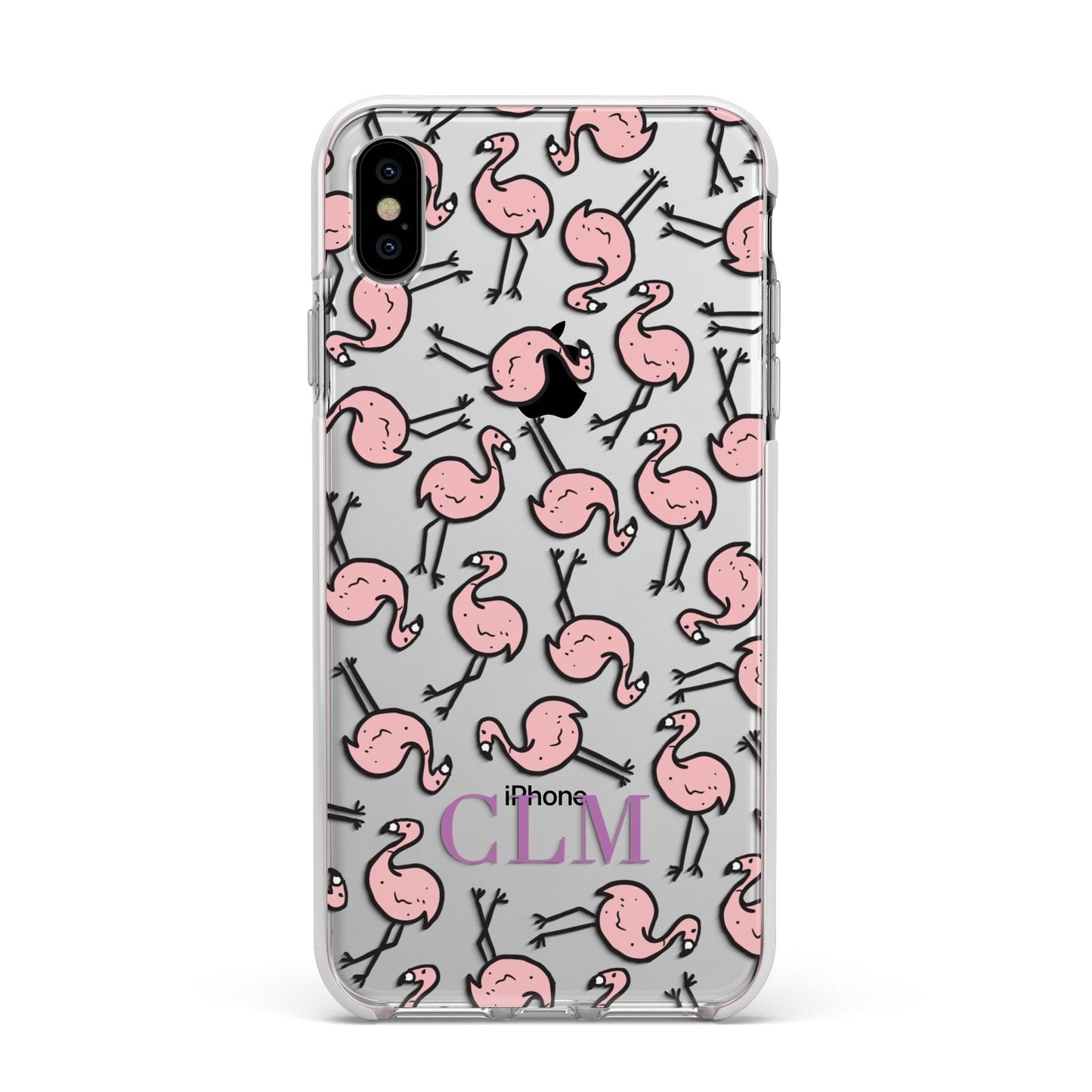 Personalised Flamingo Initials Clear Apple iPhone Xs Max Impact Case White Edge on Silver Phone