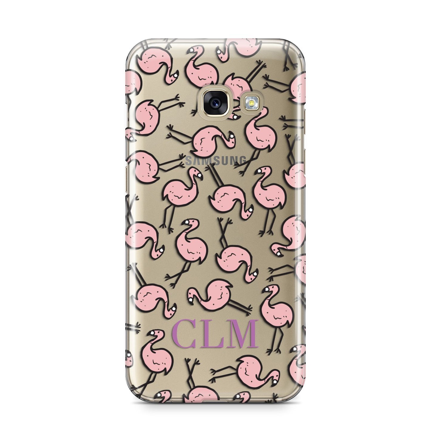Personalised Flamingo Initials Clear Samsung Galaxy A3 2017 Case on gold phone